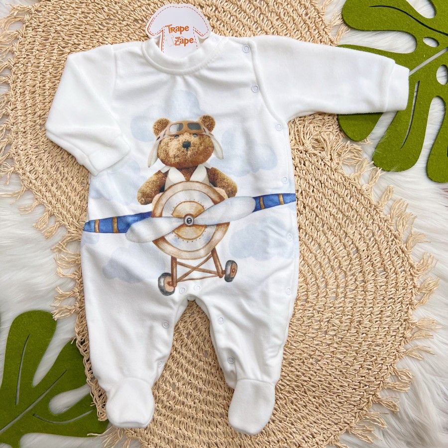 Macacão em Soft Ursinho de Pelúcia Aviador - Off White 